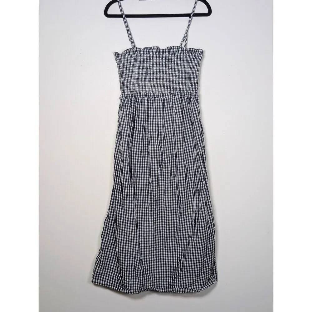 J.Crew Gingham Smocked Cotton Midi Dress M Navy White Cottagecore Summer Picnic